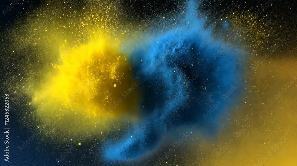 Poster dynamic blue and yellow powder explosion creating vibrant colorful abstract patterns