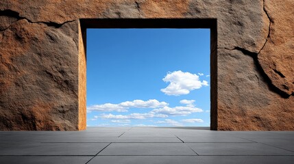 Gateway to the Sky: An open doorway carved into a rough, textured stone wall frames a vibrant blue sky dotted with fluffy clouds. A perfect metaphor for opportunity.