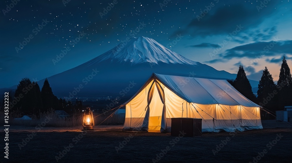 Poster a serene campsite under a starry sky with a tent and mount fuji in the background.
