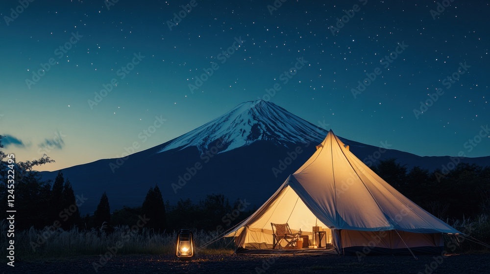 Poster a serene campsite under a starry sky with a tent and mount fuji in the background.