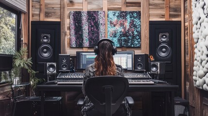 Naklejka premium Woman mixing music in home studio, wooden walls, artwork background