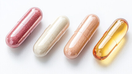 Capsule Gel Softgel Hard Liquid Filled and Enteric Coated Types. Colorful capsules arranged in a row on a white background.