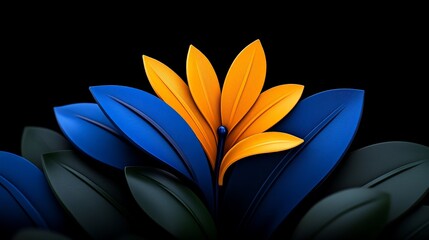 Vibrant Flower in Black: A striking floral arrangement, showcasing bright orange petals nestled within vibrant blue leaves, set against a deep black backdrop.