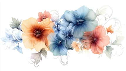 Beautiful seamless floral water color pattern Set, watercolor wild flowers, leaves and grass,Collection botanic garden elements, isolated illustration in rustic or vintage style,copy space.