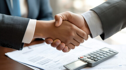 Two people shaking hands over financial documents and calculator