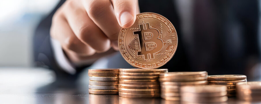 person holding Bitcoin coin over stack of coins