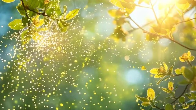Tree pollen drifts through the air on a sunny spring day, symbolizing seasonal allergies, nature&rsquo;s renewal, and the arrival of warmer weather.