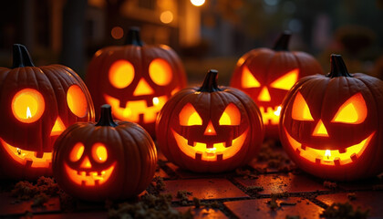 Fototapeta premium Close-up of Glowing Jack-o'-lantern Expressions