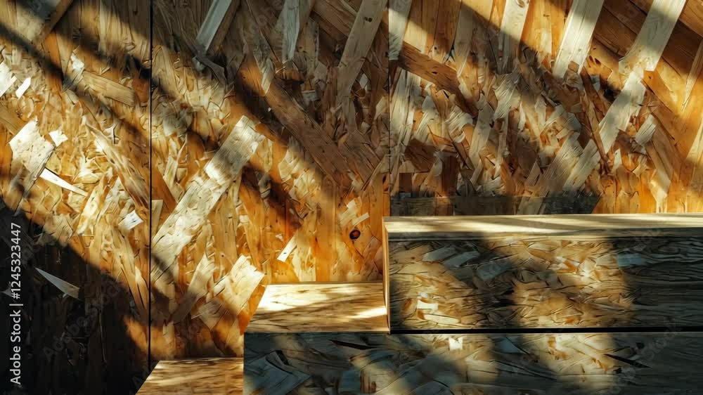 Poster sunlit wooden staircase with moving shadows in rustic setting