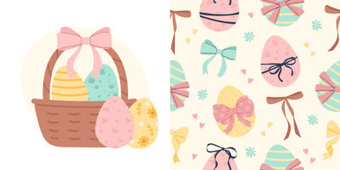 Fototapeta premium Seamless pattern with Easter eggs and bows