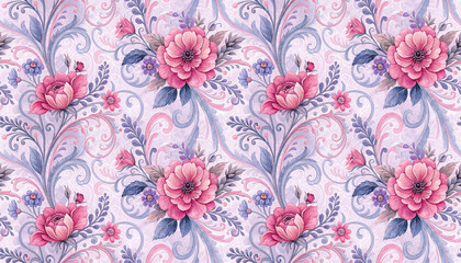 Fototapeta premium beautiful watercolor floral elegant swirls damask fabric seamless pattern of hand drawn flowers