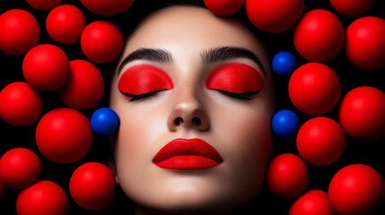 Crimson Dreamscape: A portrait of a woman with striking red makeup, surrounded by a dynamic arrangement of red spheres, creating a surreal and captivating visual.