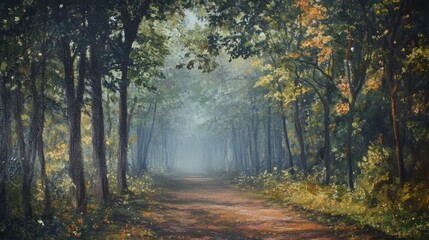 Obraz premium Natural transpiration Concept. A serene forest path shrouded in mist, bordered by lush greenery and trees, creating a tranquil and atmospheric scene.