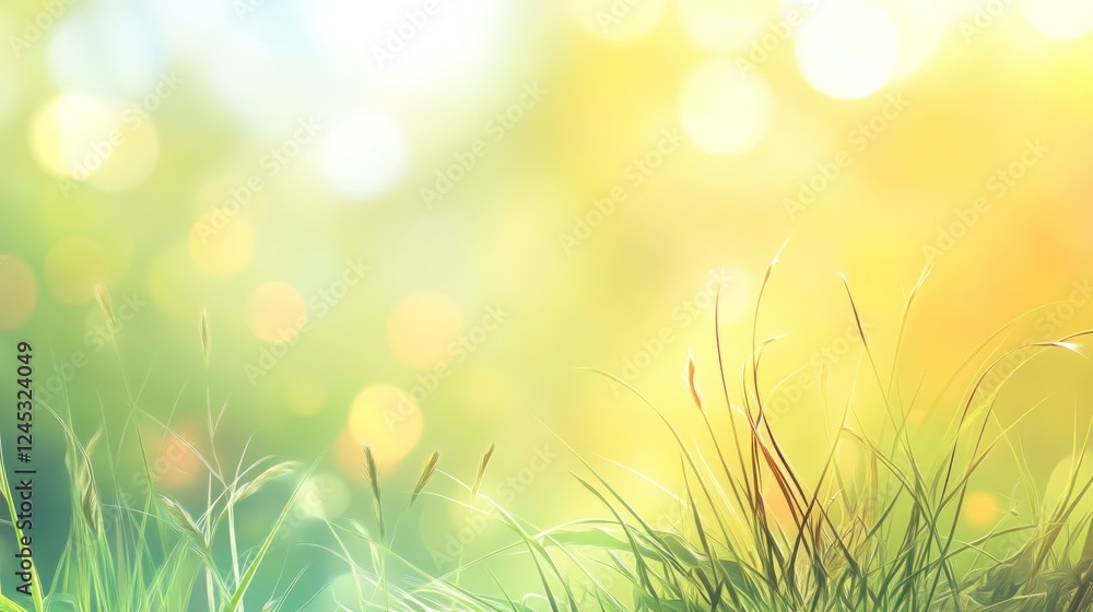Poster a serene grassy landscape with soft bokeh lights in a warm color palette.