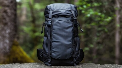 Backpack on rock, forest background, nature travel