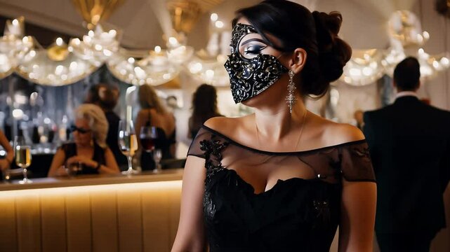 Dolly in video of a masquerade ball attendee in a stylish bar, ambient lighting, relaxed, social atmosphere