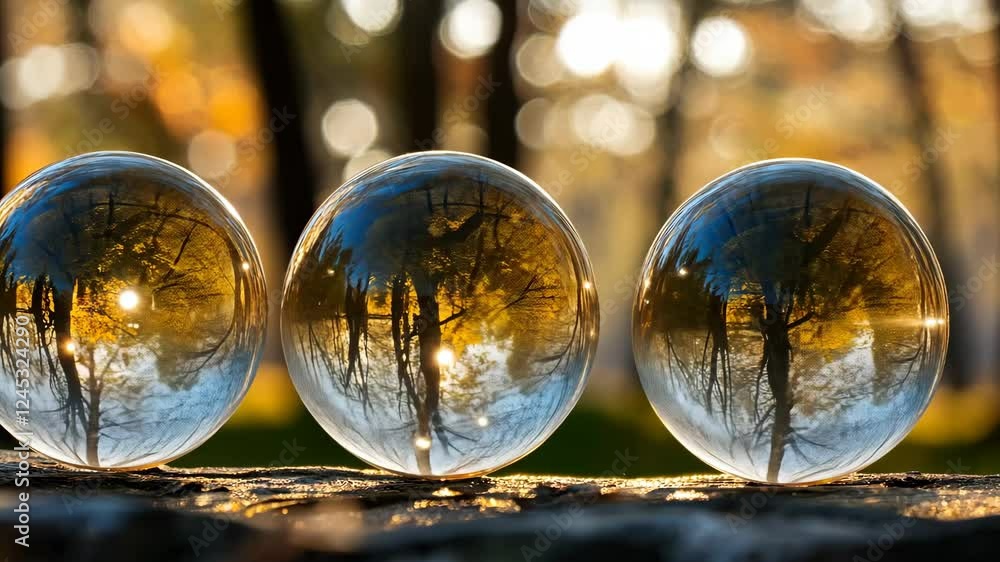 Poster reflective orbs capturing forest sunset with dynamic light