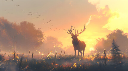 Majestic Stag at Sunrise: Nature's Noble Guardian in the Early Morning Light