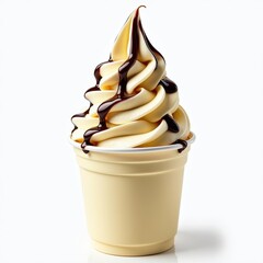 Visually Appealing Vanilla Ice Cream Cup with Rich Chocolate Sauce on White Background