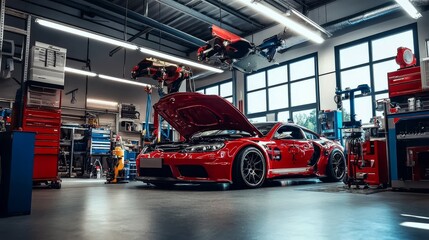 Fototapeta premium A car is being serviced in an auto repair shop.