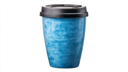 Light Blue Textured Disposable Coffee Cup with Black Lid on White Background