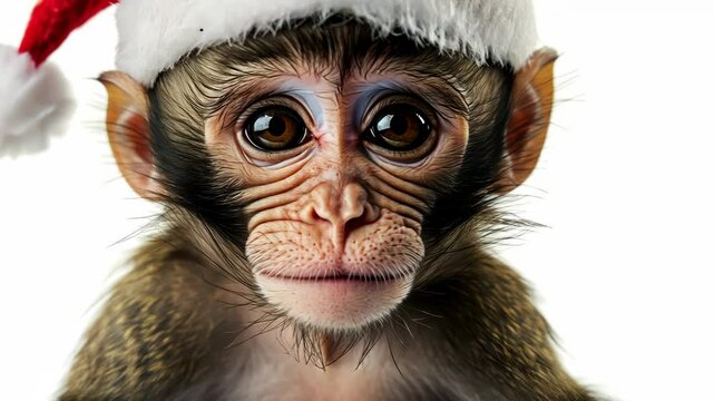 Cute monkey wearing santa hat shows curious expressions on a white background