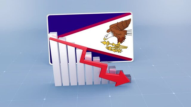 American Samoa country flag and bar chart graph showing decreasing values a red arrow economic crisis concept. Flag of American Samoa