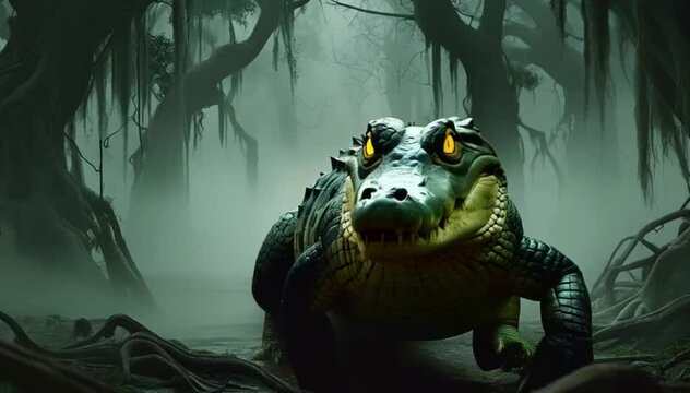 the crocodile walking in the forest, the forest is horror vibes