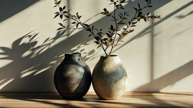Sunlit silhouettes of elegant vases displaying changing natural shadows