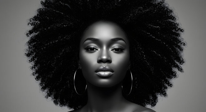 portrait of black ebony beauty woman with amazing hair generative ai