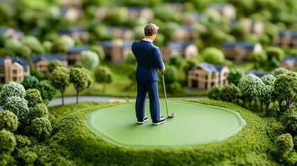 Miniature Businessman On Golf Green Overlooking Suburban Model