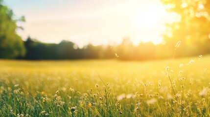A serene landscape of a sunlit field with flowers and greenery.