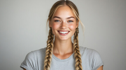 Happy young woman with blonde pigtails smiling.
