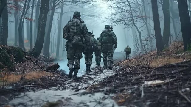 A group of soldiers trudges through a dense, muddy forest under harsh weather conditions, symbolizing endurance, military training, and battlefield challenges.