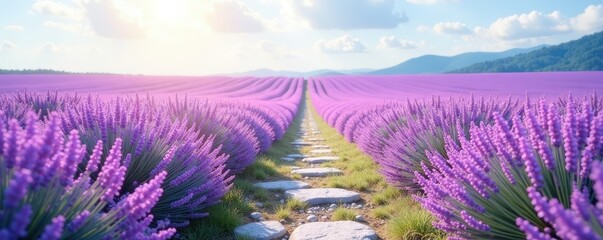 Fototapeta premium Pastel lavender field with a few wildflowers and a stone path, stone path, serenity, pastel lavender