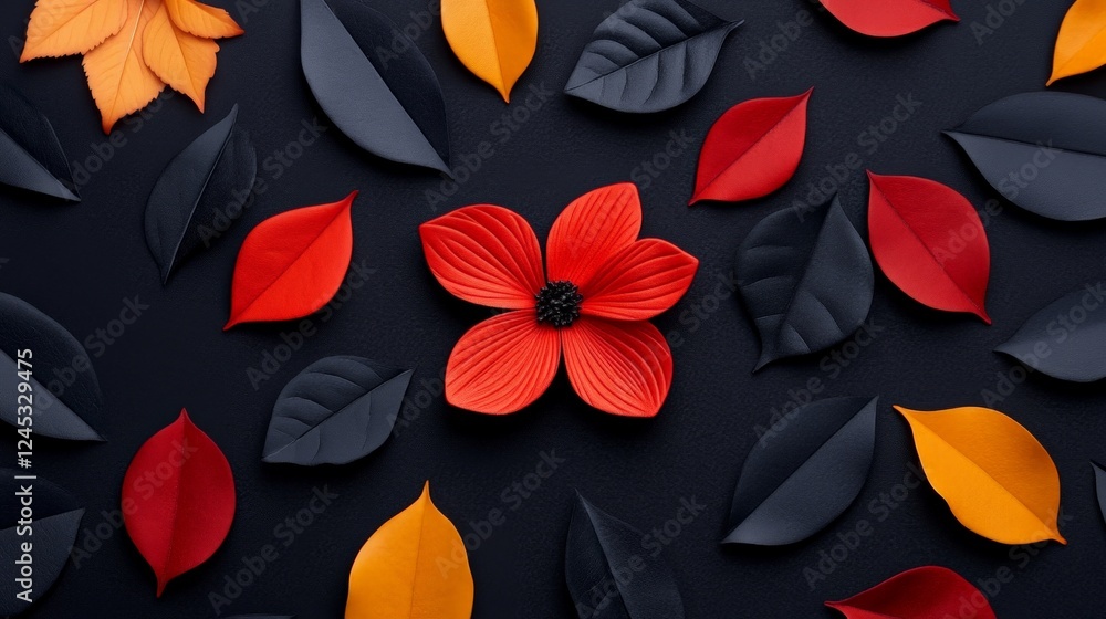 Poster autumnal bloom: a striking studio shot of a single vibrant red paper flower at the center, embraced 