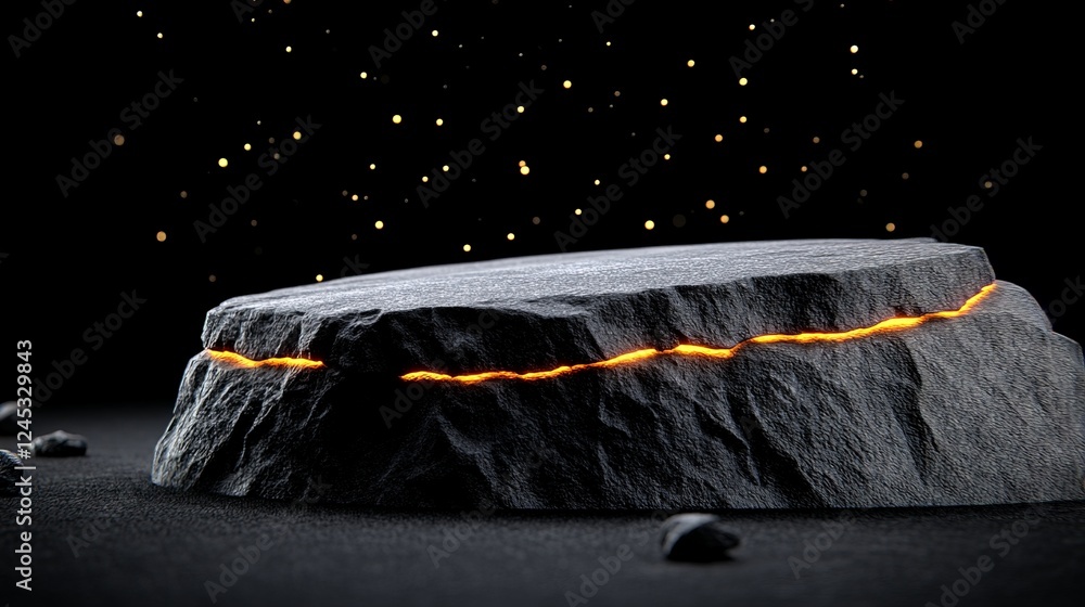 Poster cosmic rock stage: an artistic stone stage illuminated with glowing, textured elements in a dark set
