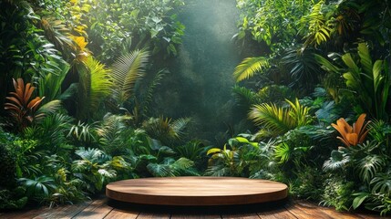 Obraz premium Serene Tropical Jungle Scene with Centered Wooden Display. Generative AI