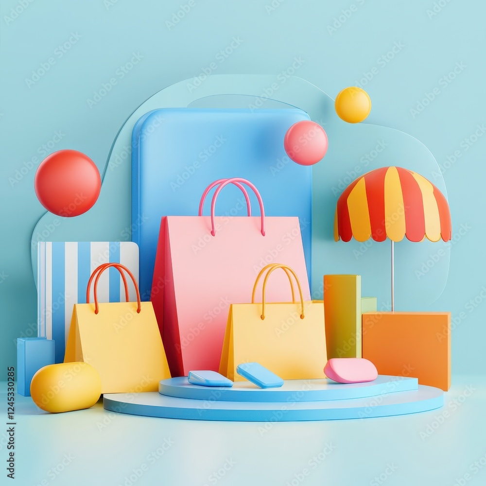 Poster a colorful 3d visualization of an e-commerce website with prominent ad banners.