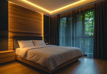 Modern Wooden Bedroom with LED Lighting and Bed
