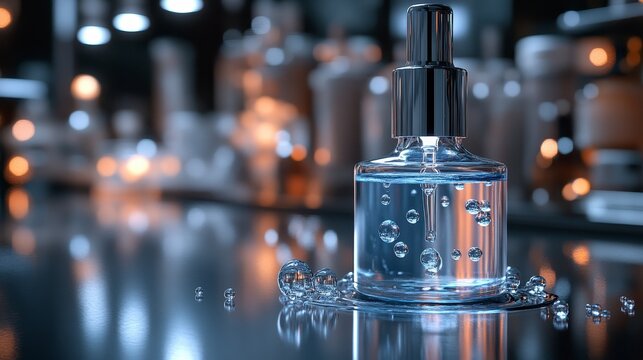 Serum bottle, lab setting, product photography, cosmetic