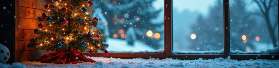 Snowy background with Christmas tree in front of window, festive, snowflakes, scene