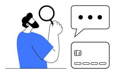 Man holding magnifying glass while looking at speech bubble with ellipsis and credit card chip. Ideal for banking, online security, financial services, user feedback, customer support, analysis