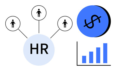 HR central hub connecting people icons, blue dollar sign, and bar chart representing financial growth. Ideal for business strategy, workforce management, financial planning, HR analytics