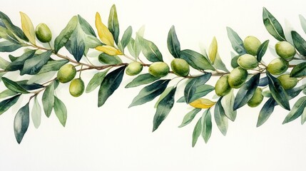 Watercolor Painting of Olive Branches on White Background. Generative AI