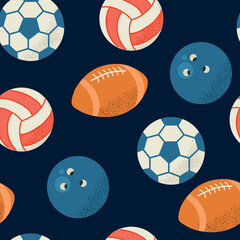 Sport Items Elements seamless pattern background for packaging and decoration with balls for rugby, soccer, volleyball, football, bowling