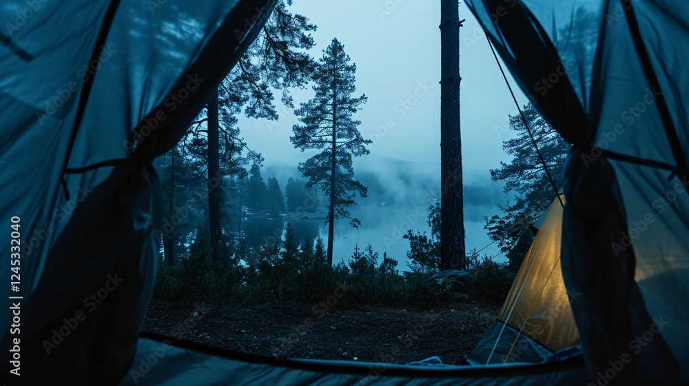 Poster serene view of misty lake through tent at dawn surrounded by tall trees. generative ai