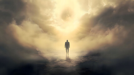 Solitary Figure Walking Towards a Glowing Light in a Mystical Fog-Shrouded Landscape