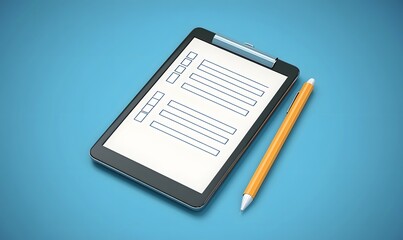 Checklist on tablet, stylus, blue background; for planning, task management, organization