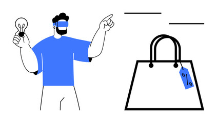 Man wearing a VR headset holds light bulb and points toward shopping bag with sales tag. Ideal for technology, innovation, e-commerce, online shopping, virtual reality, business, marketing. Abstract
